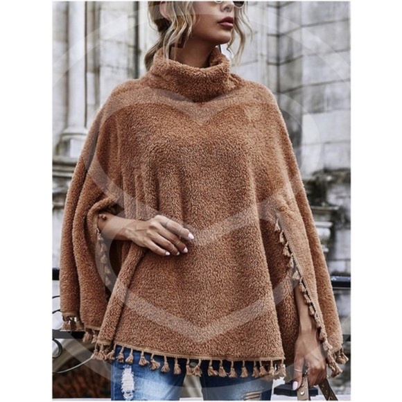 camel tassel  sherpa turtleneck poncho coat jacet - Picture 3 of 4